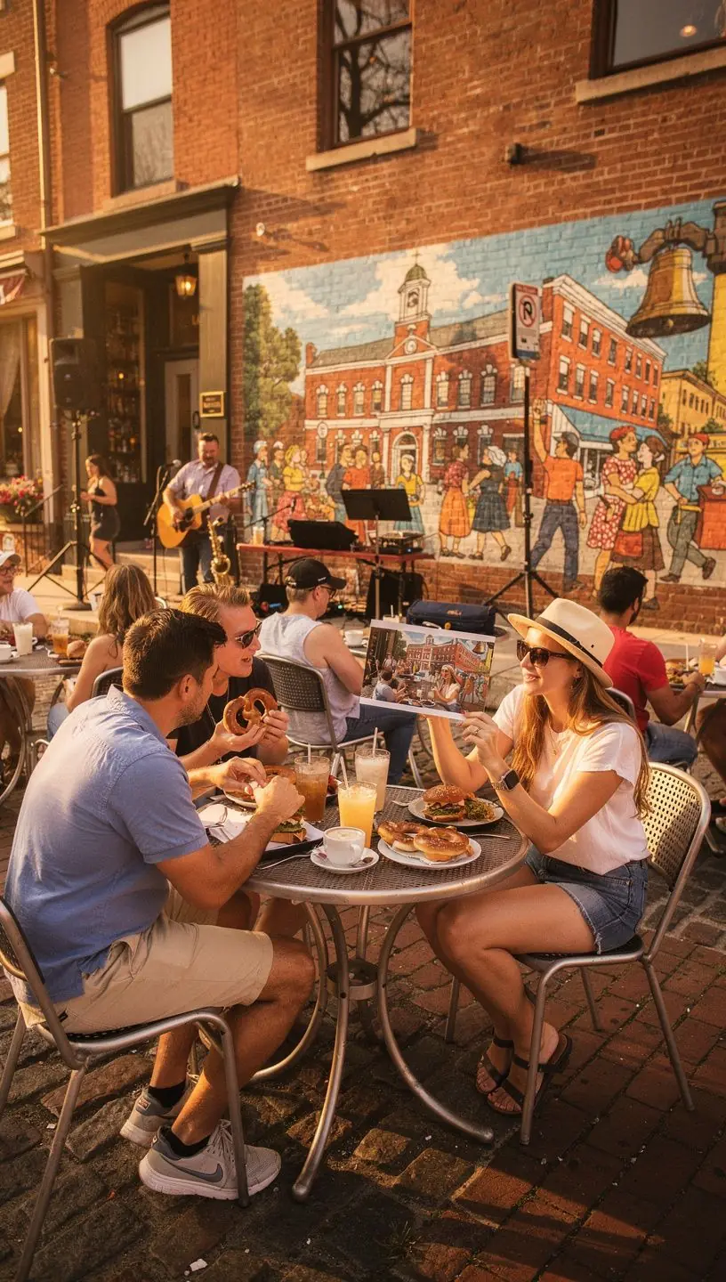 Семья наслаждается отдыхом в кафе на маршруте с интегрированными фотозонами и сувенирной лавкой.
