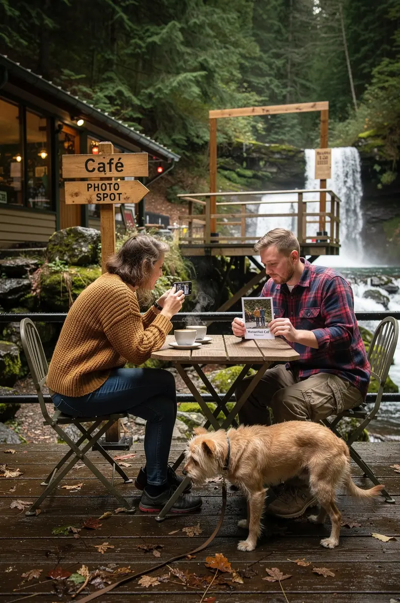Бариста подает кофе в кафе на живописном маршруте с удобными местами для фотосъемки гостей.